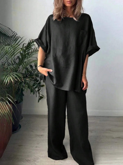 Lynda – Ensemble Décontracté Uni à Manches Courtes et Pantalon Long