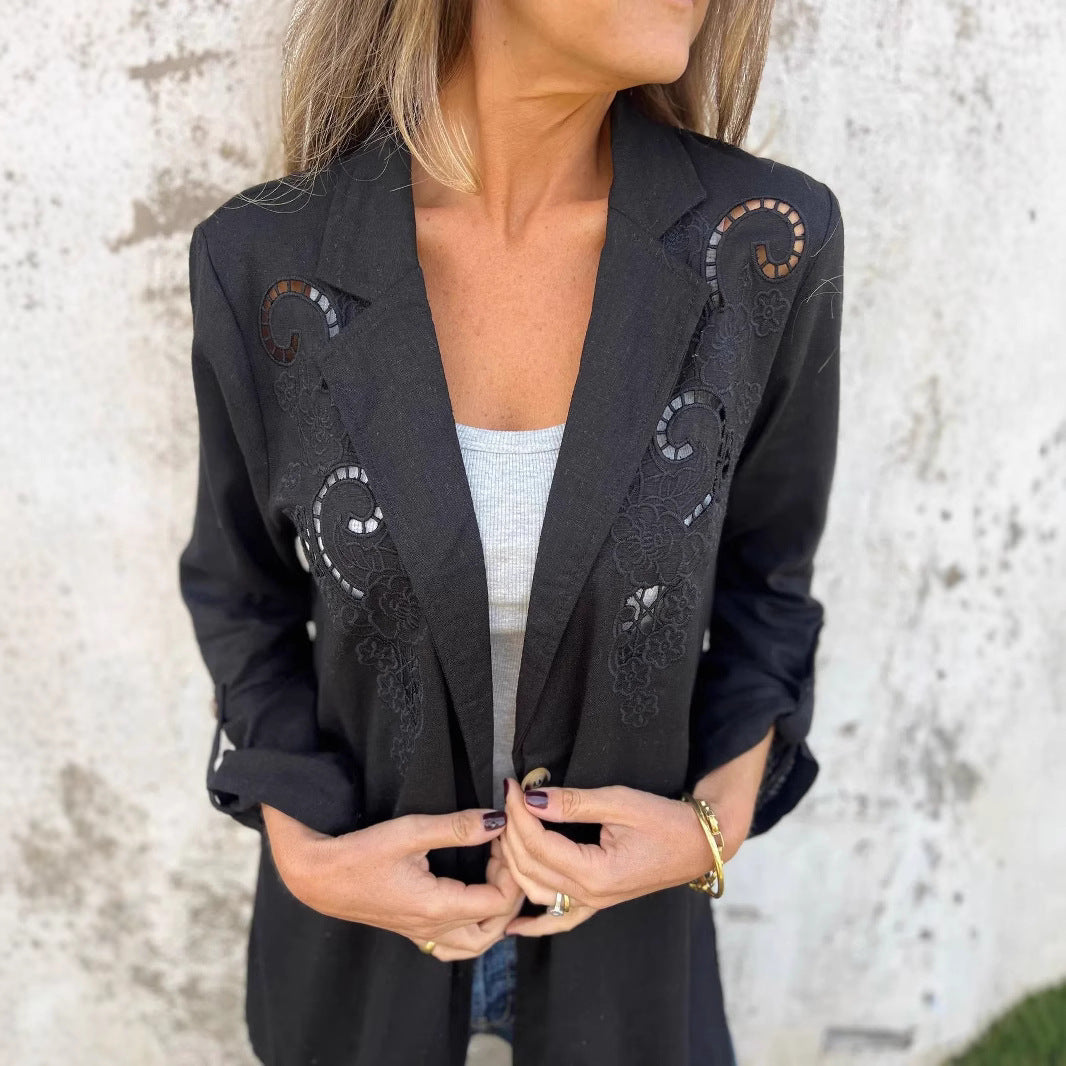 Wendy – Veste Petite en Coton et Lin avec Broderie Creuse et Une Bouton