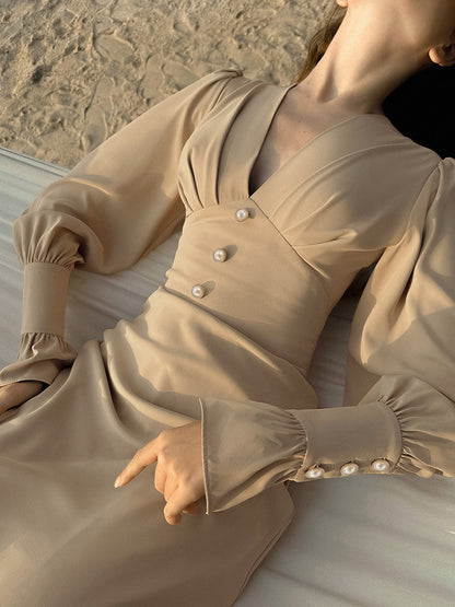 Jenny – Robe Midi en Chiffon Française à Encolure en V