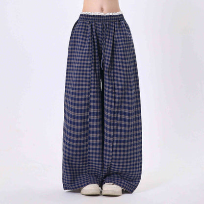 Christine – Pantalon Large en Tissu Écossais avec Dentelle