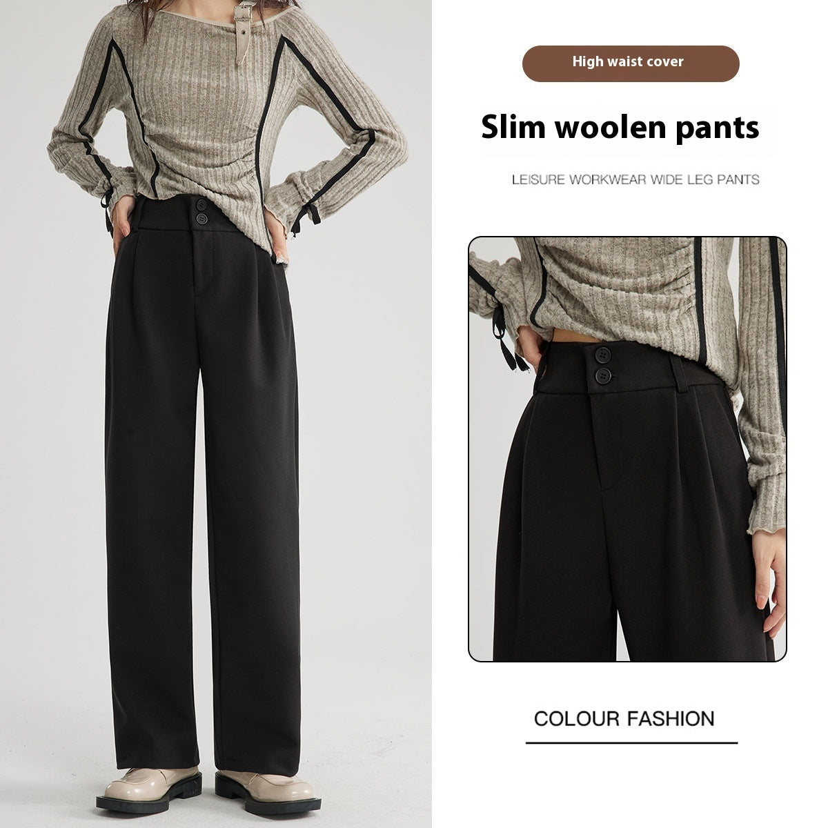 Heather – Pantalon Droit Décontracté en Laine Épais