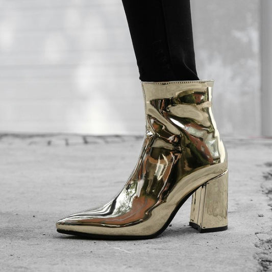 Emma – Bottines Courtes à Talons Épais Or et Argent Grande Taille