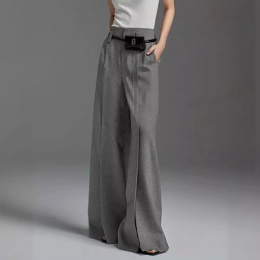 Marion – Pantalon Large avec Fente de Couleur Unie