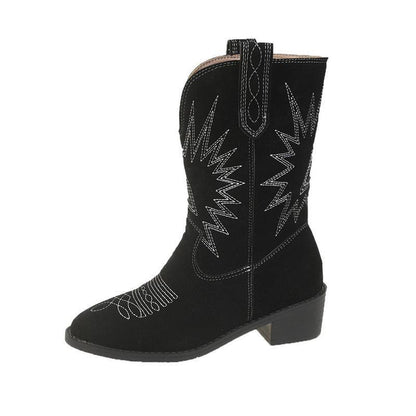 Jean – Bottes Longues Rétro à Talons Chunky et Embroidered