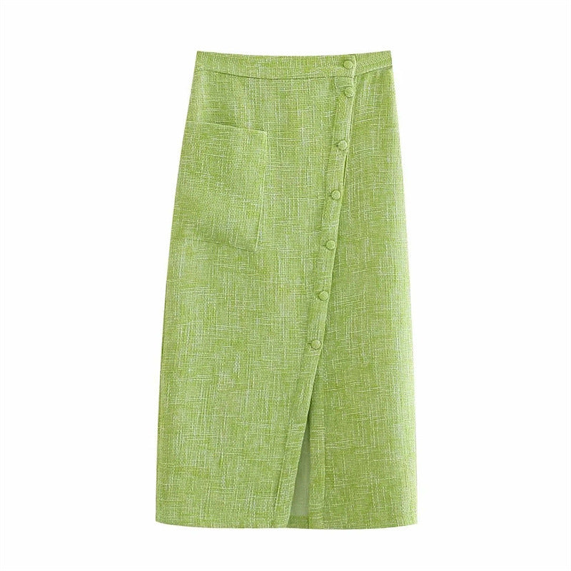Hayley – Jupe Midi Fendue à Taille Haute Texturée Verte