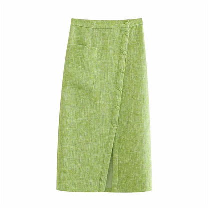 Hayley – Jupe Midi Fendue à Taille Haute Texturée Verte