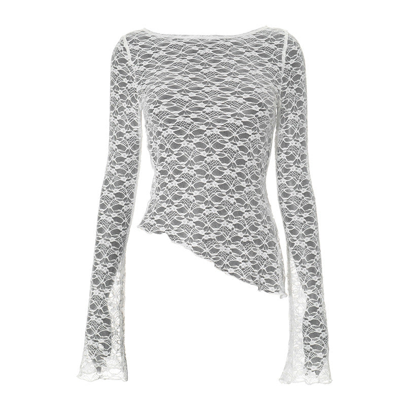 Gillian – T-shirt Sexy à Manches Longues et Ourlet Asymétrique en Dentelle