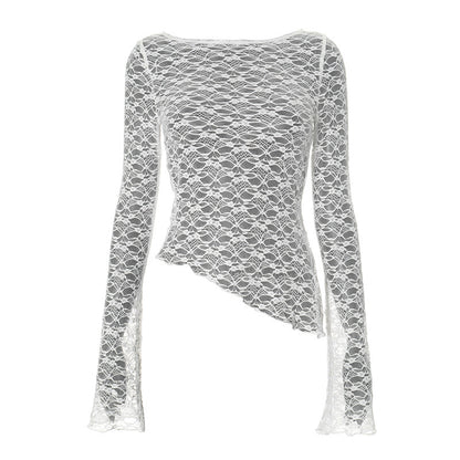 Gillian – T-shirt Sexy à Manches Longues et Ourlet Asymétrique en Dentelle