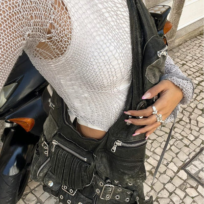 Claire – Sac messager à bandoulière large nouée multi-poches foncé