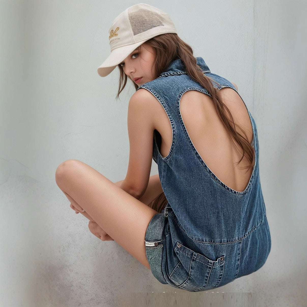 Megan – Combinaison Courte en Denim Bleu Rétro