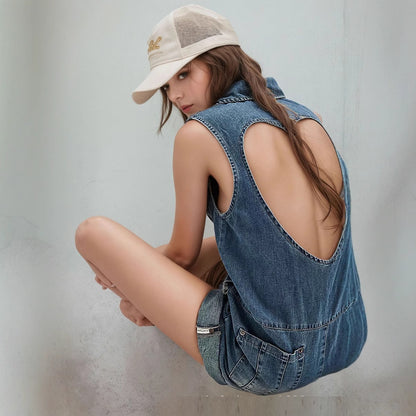 Megan – Combinaison Courte en Denim Bleu Rétro