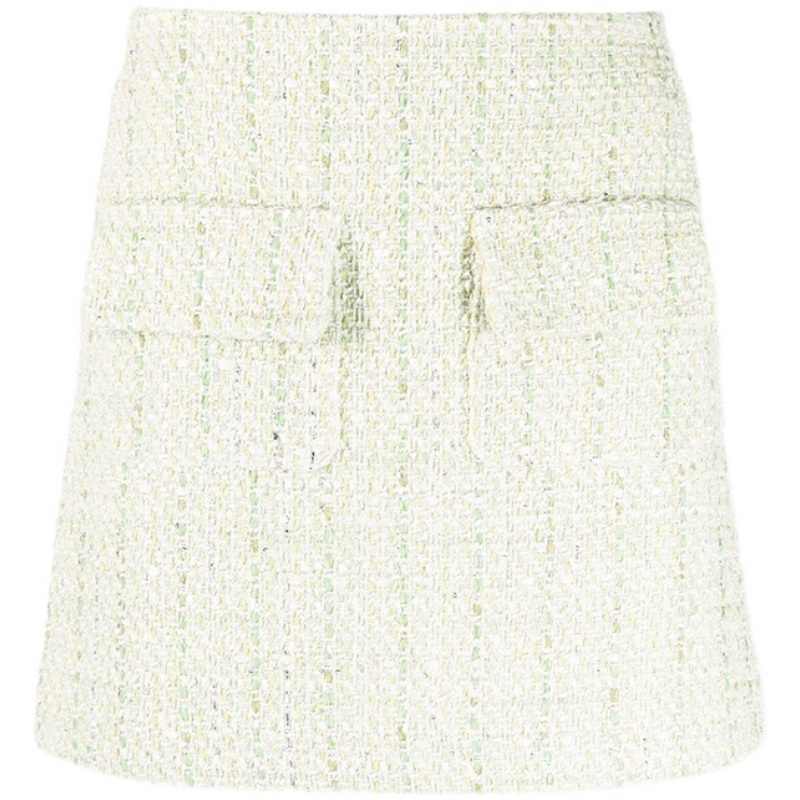 Rachel – Jupe Trapèze en Tweed Coton Vert Clair avec Poches