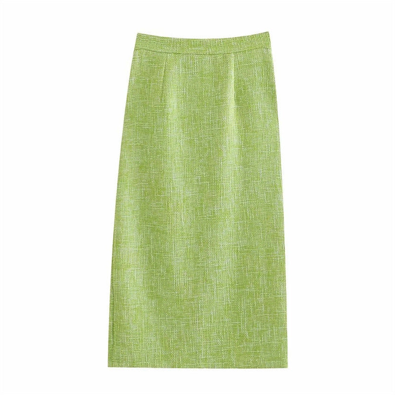 Hayley – Jupe Midi Fendue à Taille Haute Texturée Verte