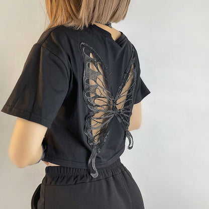Miranda – T-shirt Court Papillon en Dentelle Noire