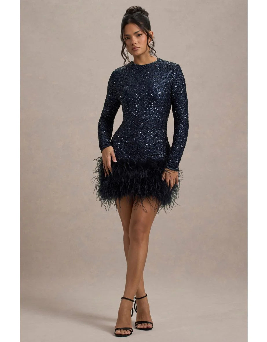 Helen – Robe à Plumes et Sequins Manches Longues