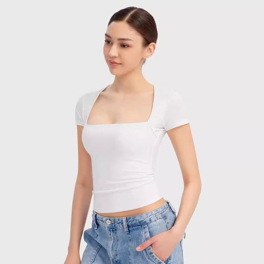 Robyn – T-shirt Femme à Col Carré et Manches Courtes