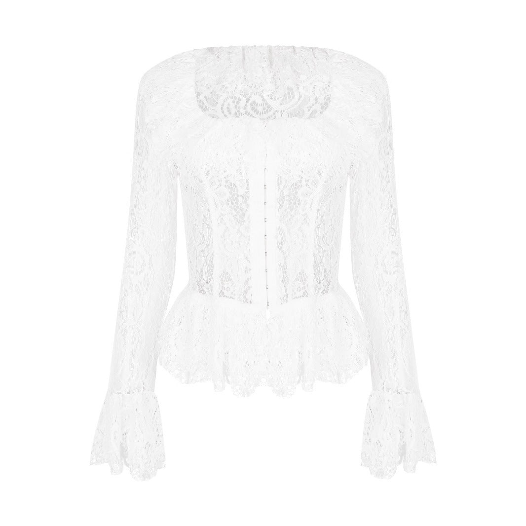 Elizabeth – Haut à Encolure Carrée en Dentelle Blanche à Manches Longues