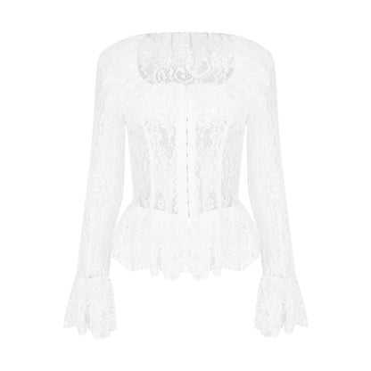 Elizabeth – Haut à Encolure Carrée en Dentelle Blanche à Manches Longues