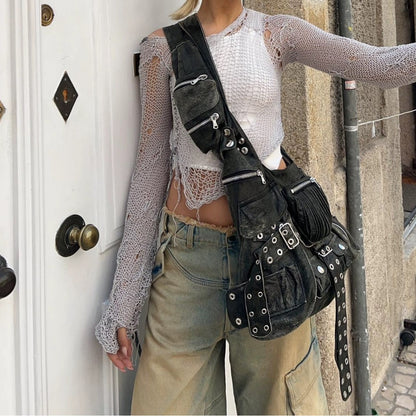 Claire – Sac messager à bandoulière large nouée multi-poches foncé