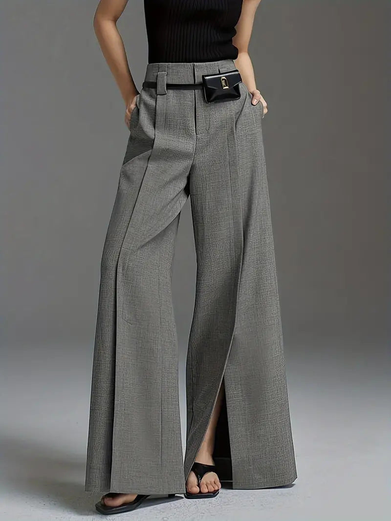 Marion – Pantalon Large avec Fente de Couleur Unie