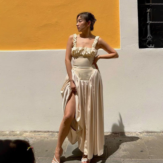 Tamara – Robe Longue à Col Carré et Patchwork
