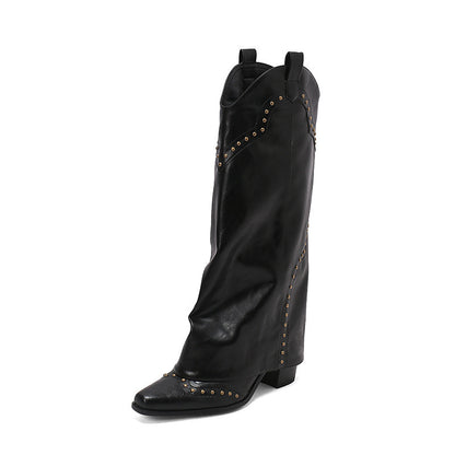 Joan – Bottes Hautes Rétro à Découpe en V avec Rivets