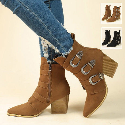 Anne – Bottes mi-mollet rétro à talon épais avec boucle de ceinture