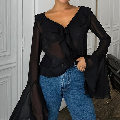 Lynda – Chemisier en Mousseline Noir Rétro
