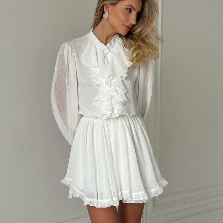 Judith – Robe Élastique à Volants Col Montant Manches Longues