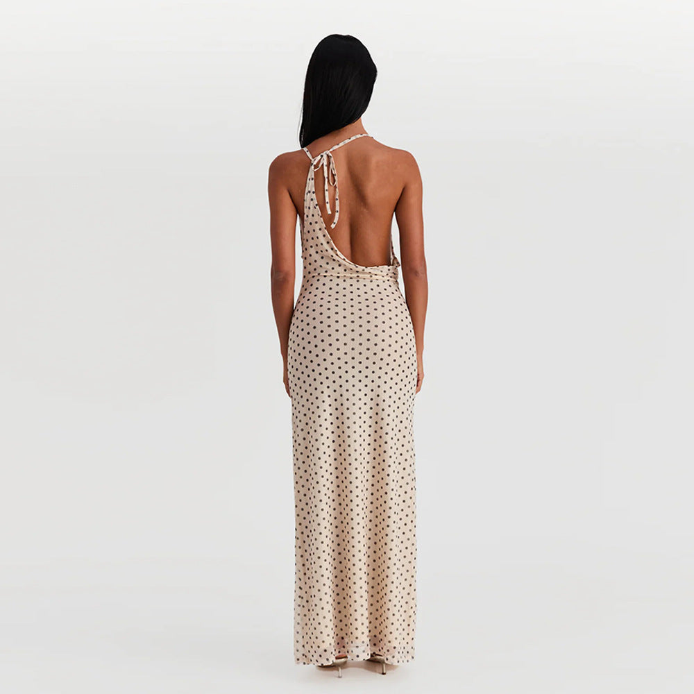 Alison – Robe Longue à Pois Sans Manches en Chiffon Dos Nu