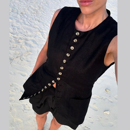 Donna – Veste à col rond sans manches avec boutons