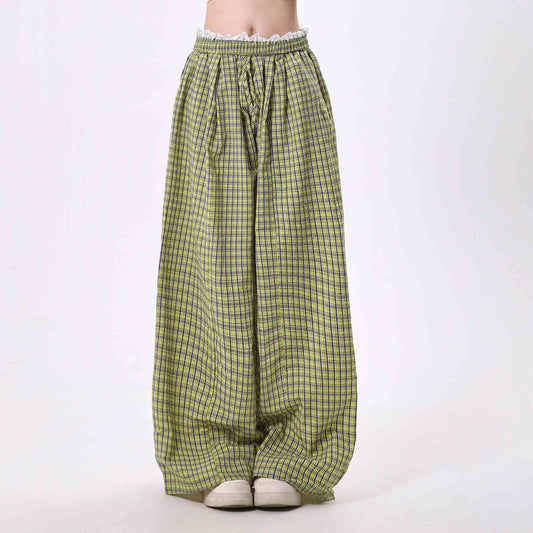 Christine – Pantalon Large en Tissu Écossais avec Dentelle