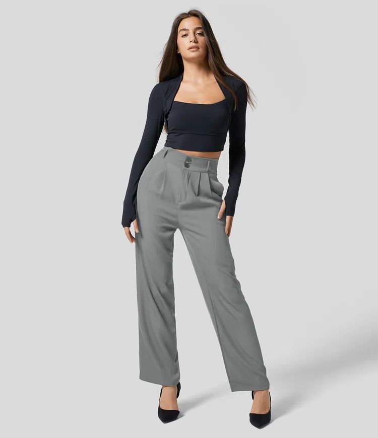 Megan – Pantalon en Soie Cool à Taille Haute avec Boutons