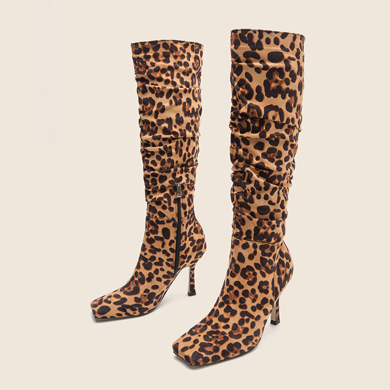 Francesca – Bottes à Talons Hauts à Imprimé Léopard et Bout Carré