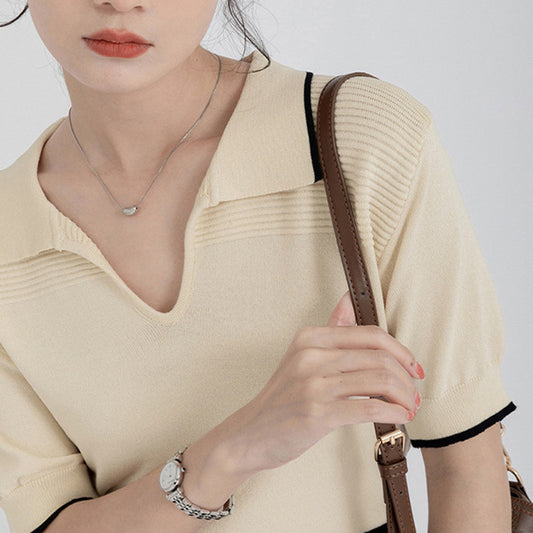Sophia – T-shirt en Soie de Glace à Col Polo Style Collégial pour Femme