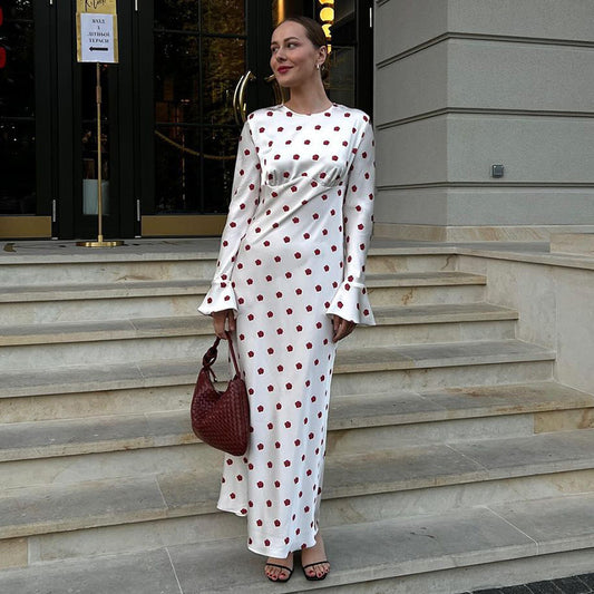 Anna – Robe Cheville Ample à Manches Évasées et Pois Contrastés