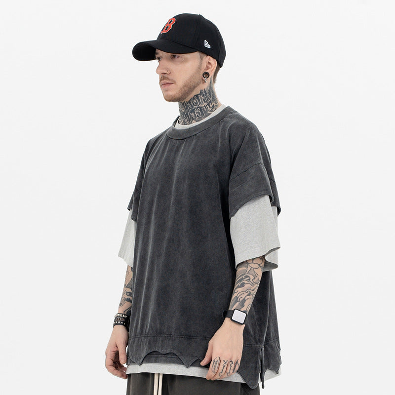 Colin – T-shirt à Manches Courtes Rétro avec Patchwork et Double Couche