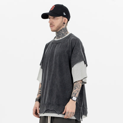 Colin – T-shirt à Manches Courtes Rétro avec Patchwork et Double Couche