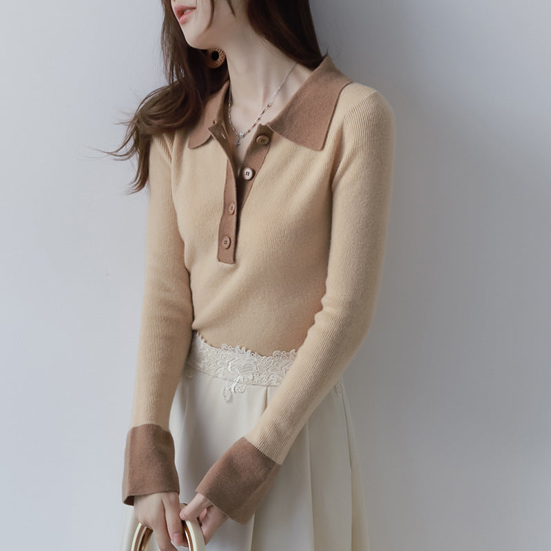 Mandy – Pull Slim à Col Polo et Manches Longues en Couleurs Contrastées