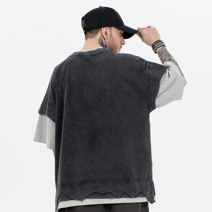 Colin – T-shirt à Manches Courtes Rétro avec Patchwork et Double Couche