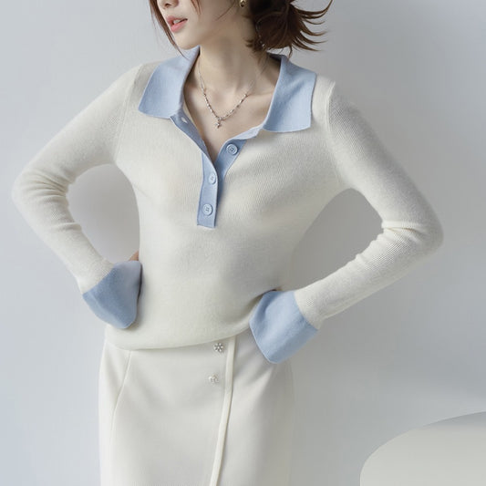 Mandy – Pull Slim à Col Polo et Manches Longues en Couleurs Contrastées