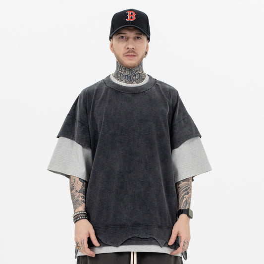 Colin – T-shirt à Manches Courtes Rétro avec Patchwork et Double Couche