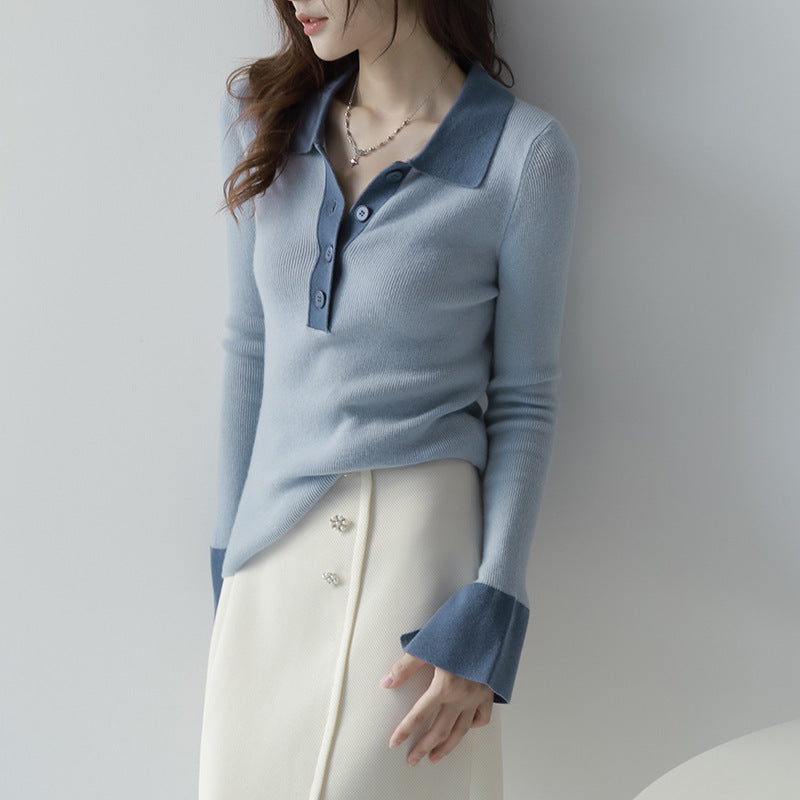 Mandy – Pull Slim à Col Polo et Manches Longues en Couleurs Contrastées