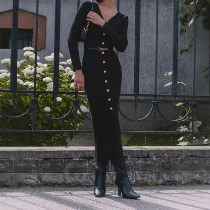 Anne – Robe Longue en Maille à Manches Longues