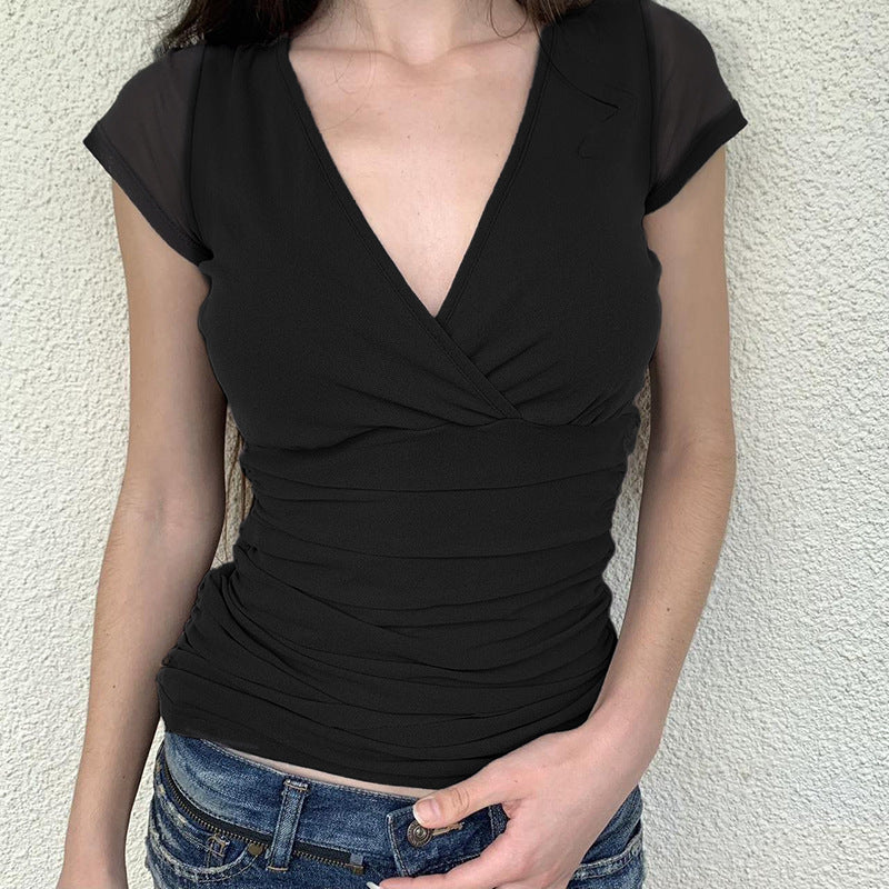 Lucy – Manches Courtes en Maille Plissée et Couleur Pure
