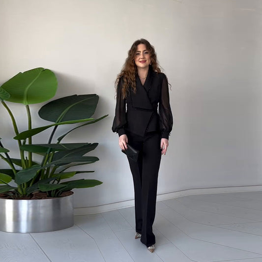 Margaret – Ensemble Blazer Patchwork en Chiffon et Pantalon Droit