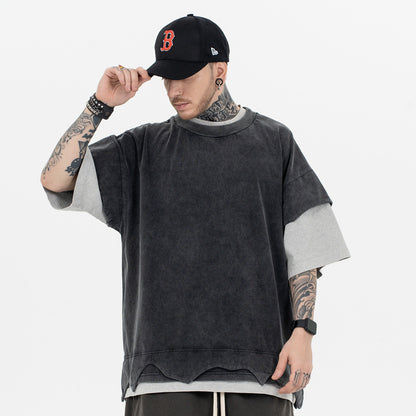 Colin – T-shirt à Manches Courtes Rétro avec Patchwork et Double Couche