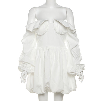 Kelly – Robe à Taille Haute avec Épaules Dénudées et Manches Bouffantes