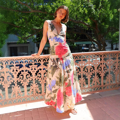 Ann – Robe Longue Évasée à Col en V et Imprimé Floral