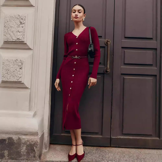 Anne – Robe Longue en Maille à Manches Longues